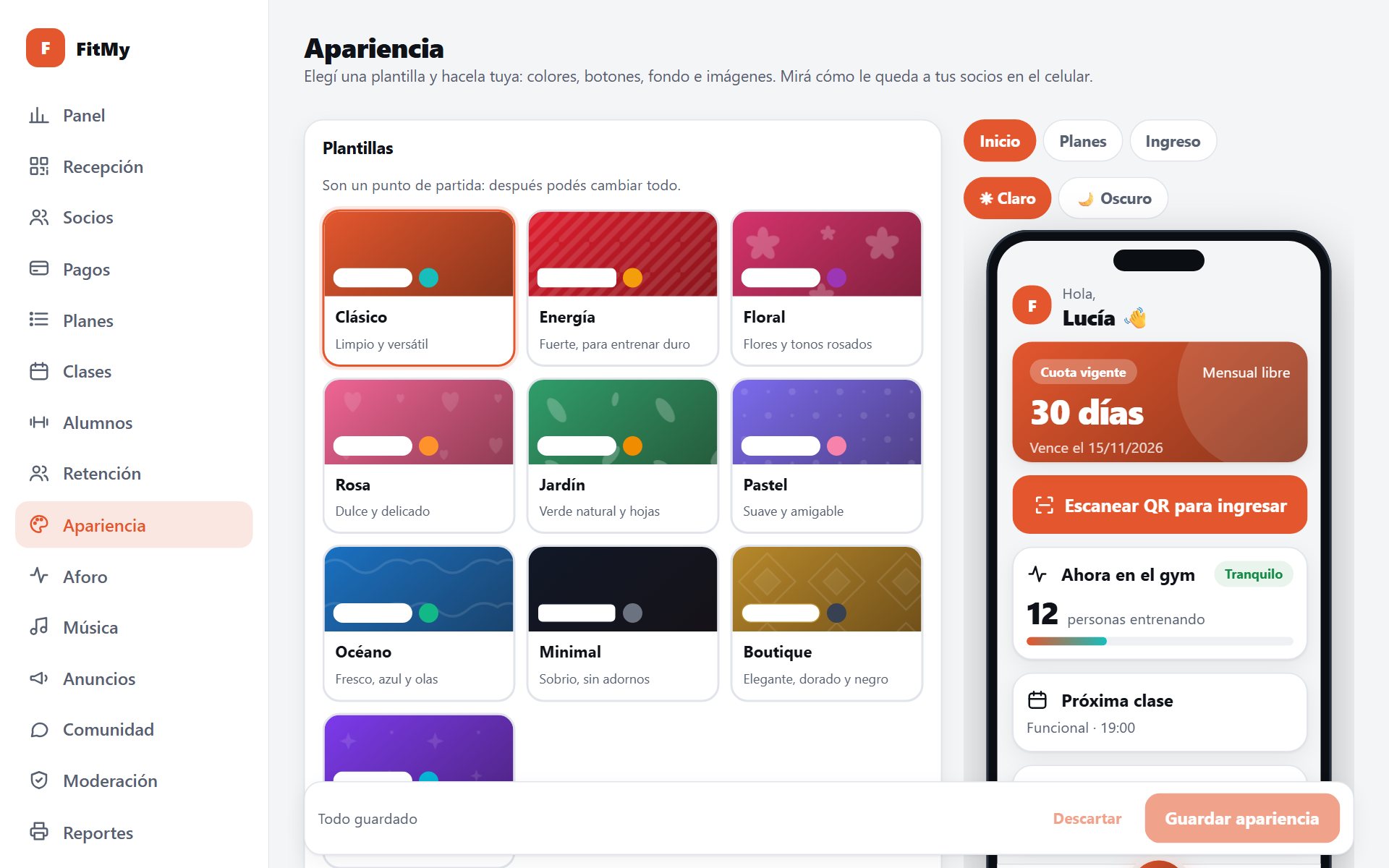 Pantalla Apariencia: plantillas de diseño y vista previa en un celular